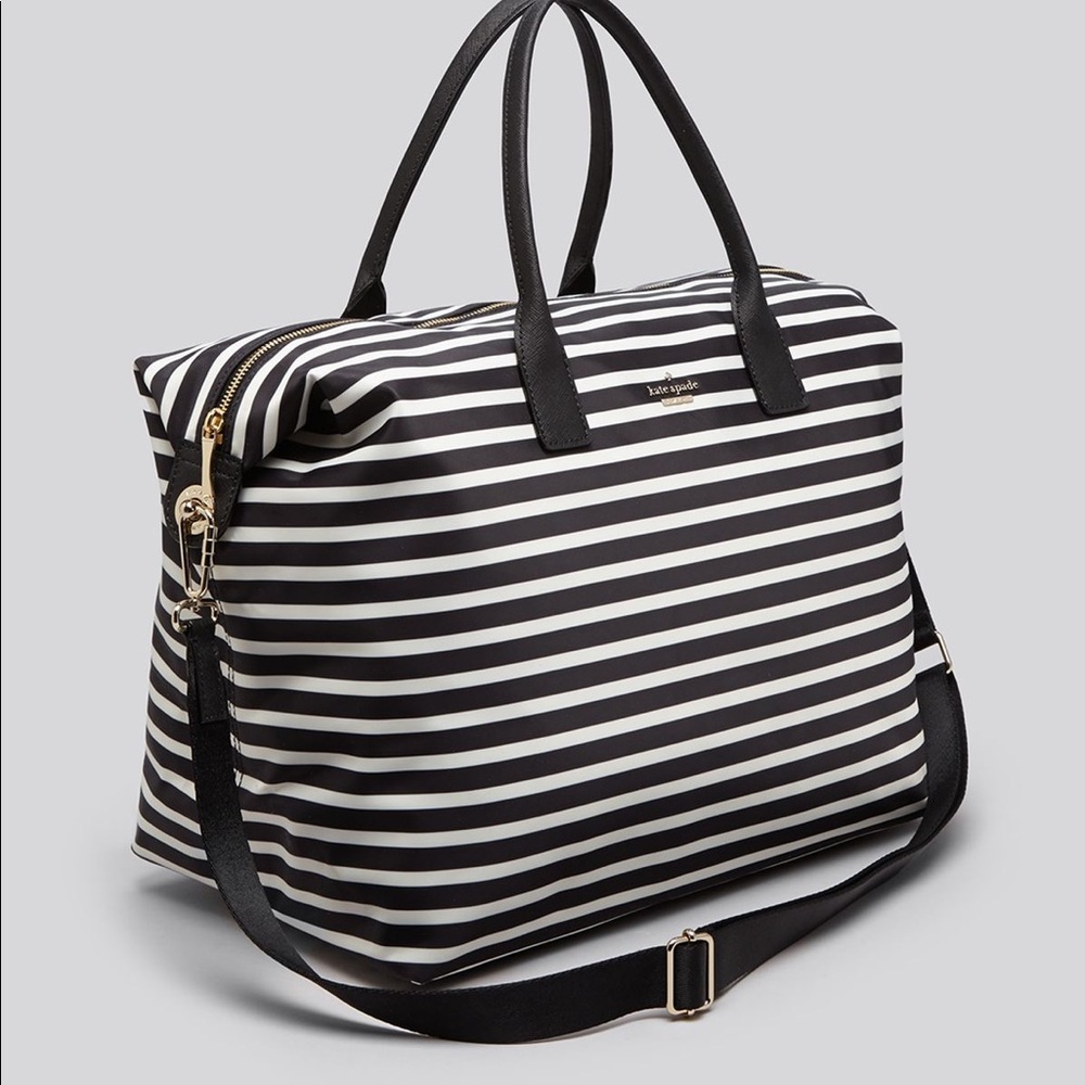 Kate Spade Classic Nylon Black and White Striped Weekender Bag